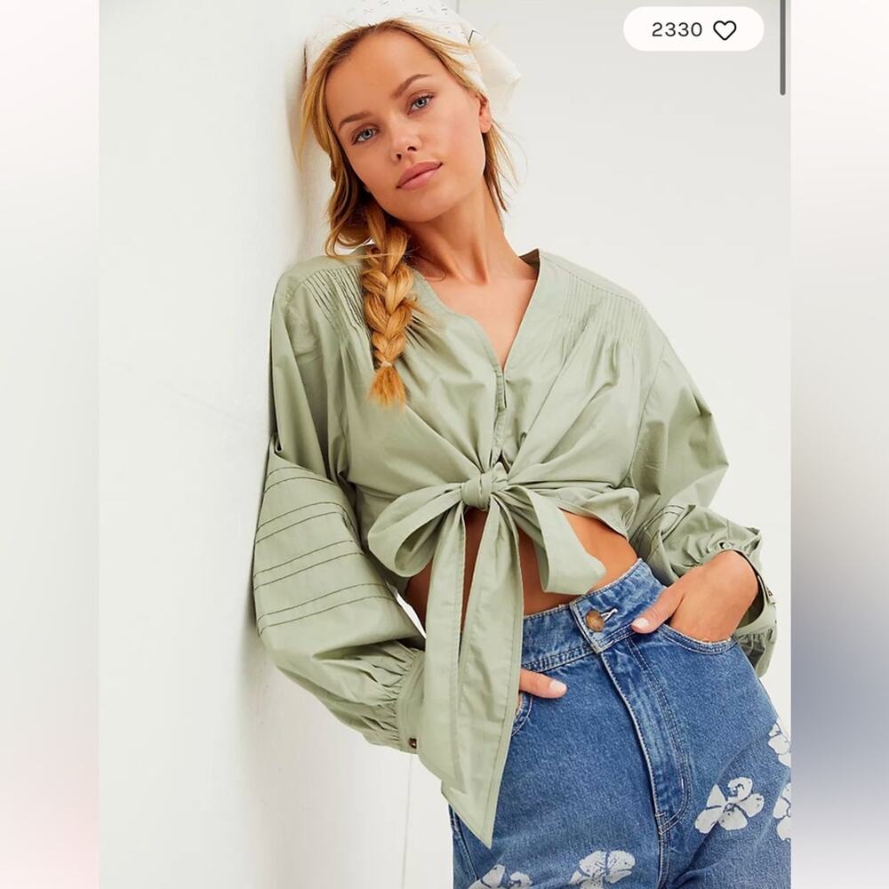 Free People Gigi Front Tie Balloon Sleeve Crop Top green tea 100% cotton boho M - Picture 1 of 11